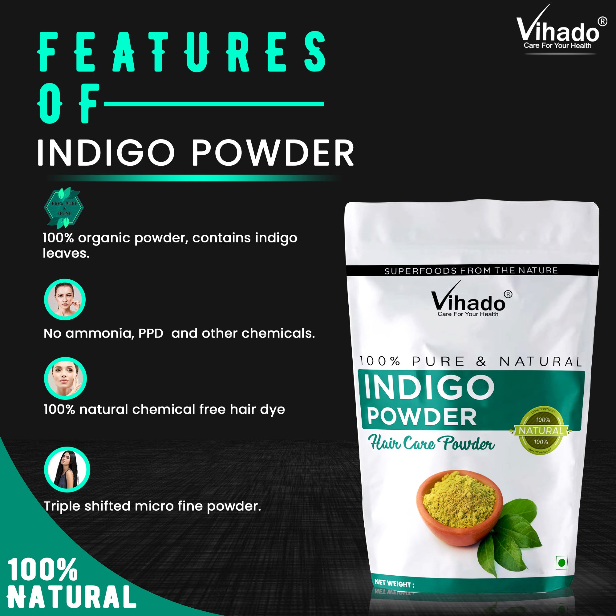 Vihado Indigo Powder For Hair Color and Care (100G-1KG)