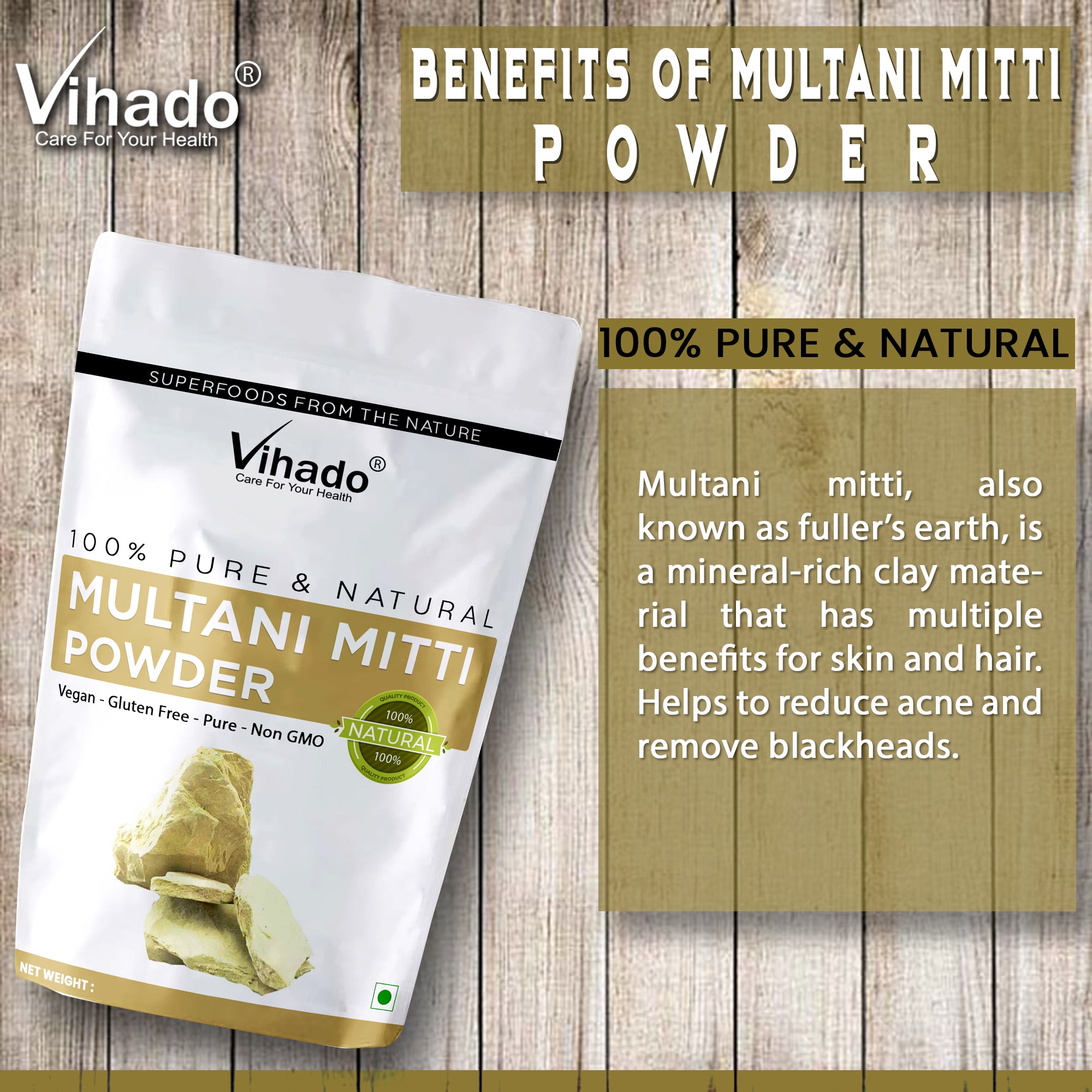 Vihado Multani Mitti Powder For Skin Whitening and Hair Care (100G-1KG)