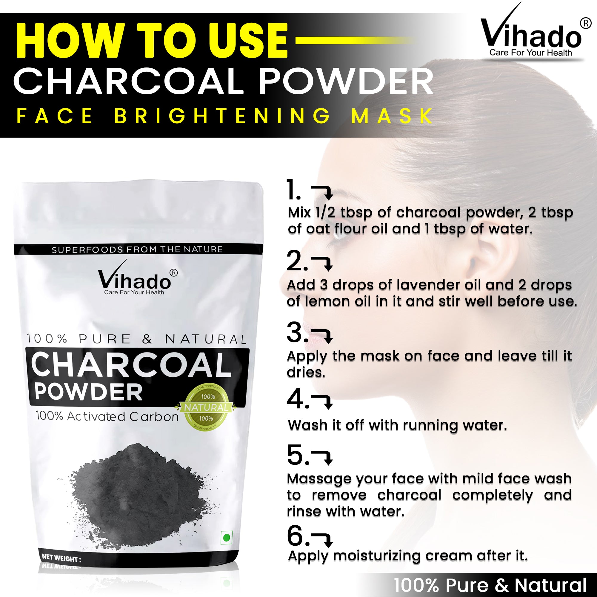 Vihado Activated Charcoal Powder For Face and Teeth Whitening (100G-1KG)