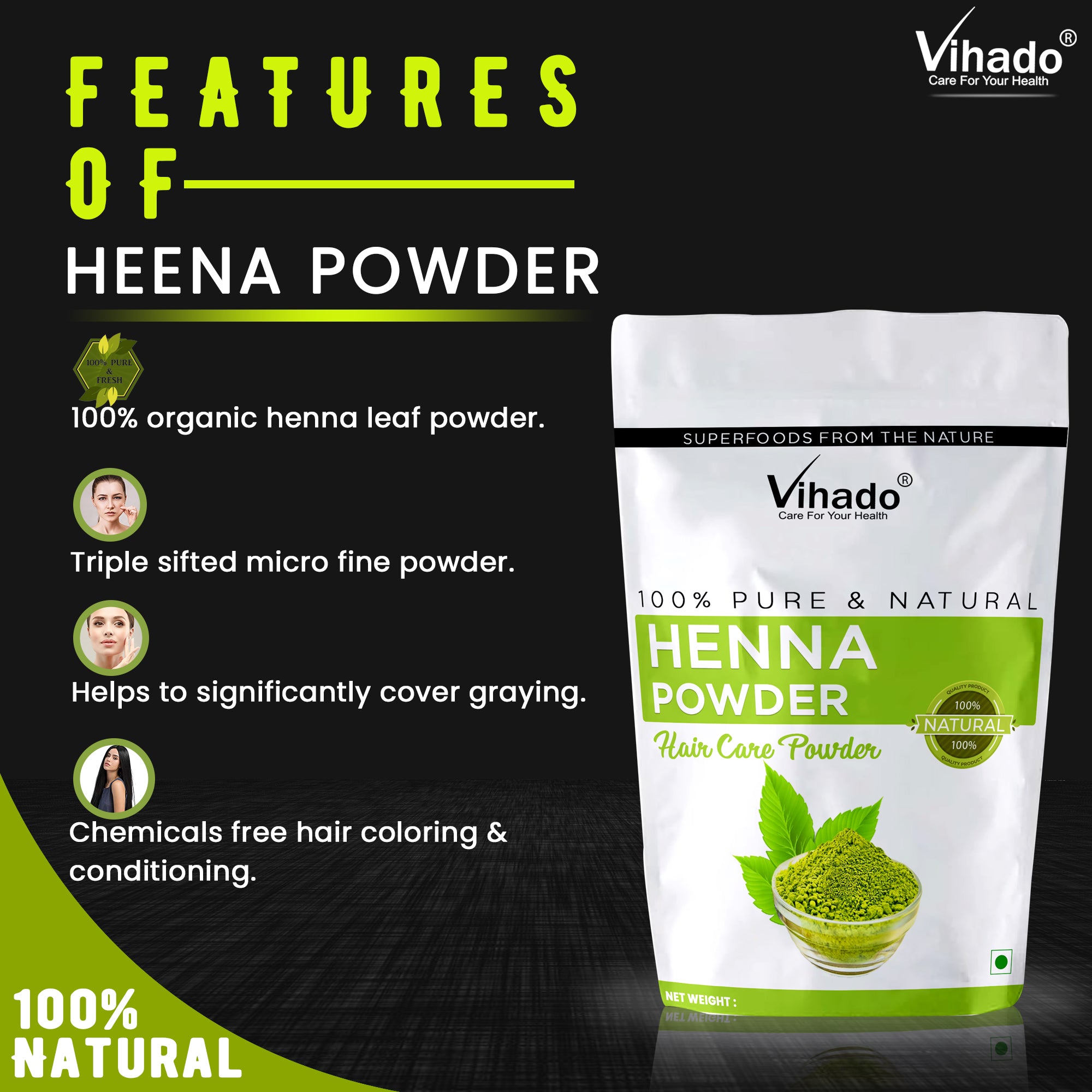 Vihado Henna Powder For Hair Color and Nourishment (100G-1KG)