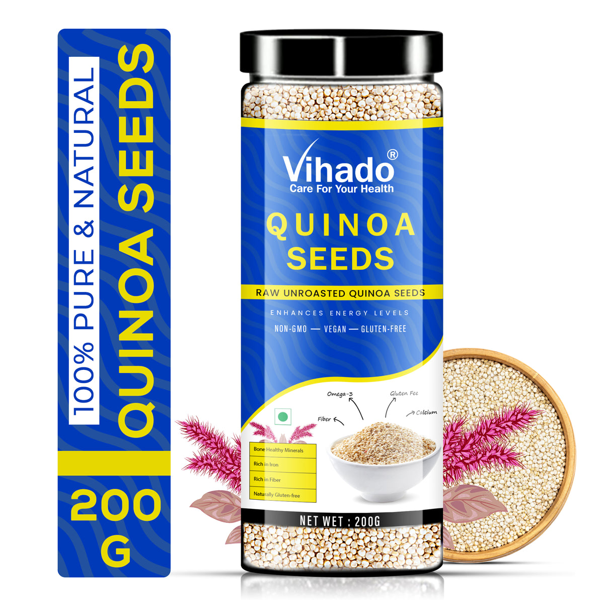 Vihado White Quinoa for Weight Management, Rich in Iron and Fibre Plastic Bottle (200G-500G)