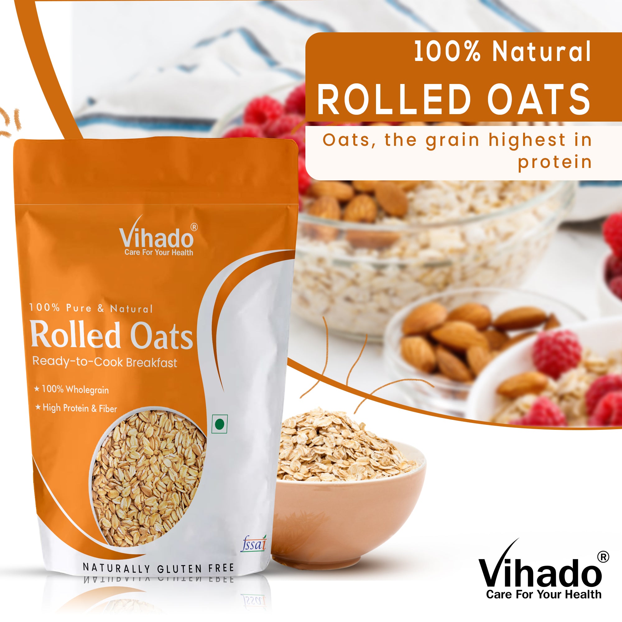 Vihado Rolled Oats, High Protein and Fibre, Helps In Maintain Body Weight (500G-1KG)