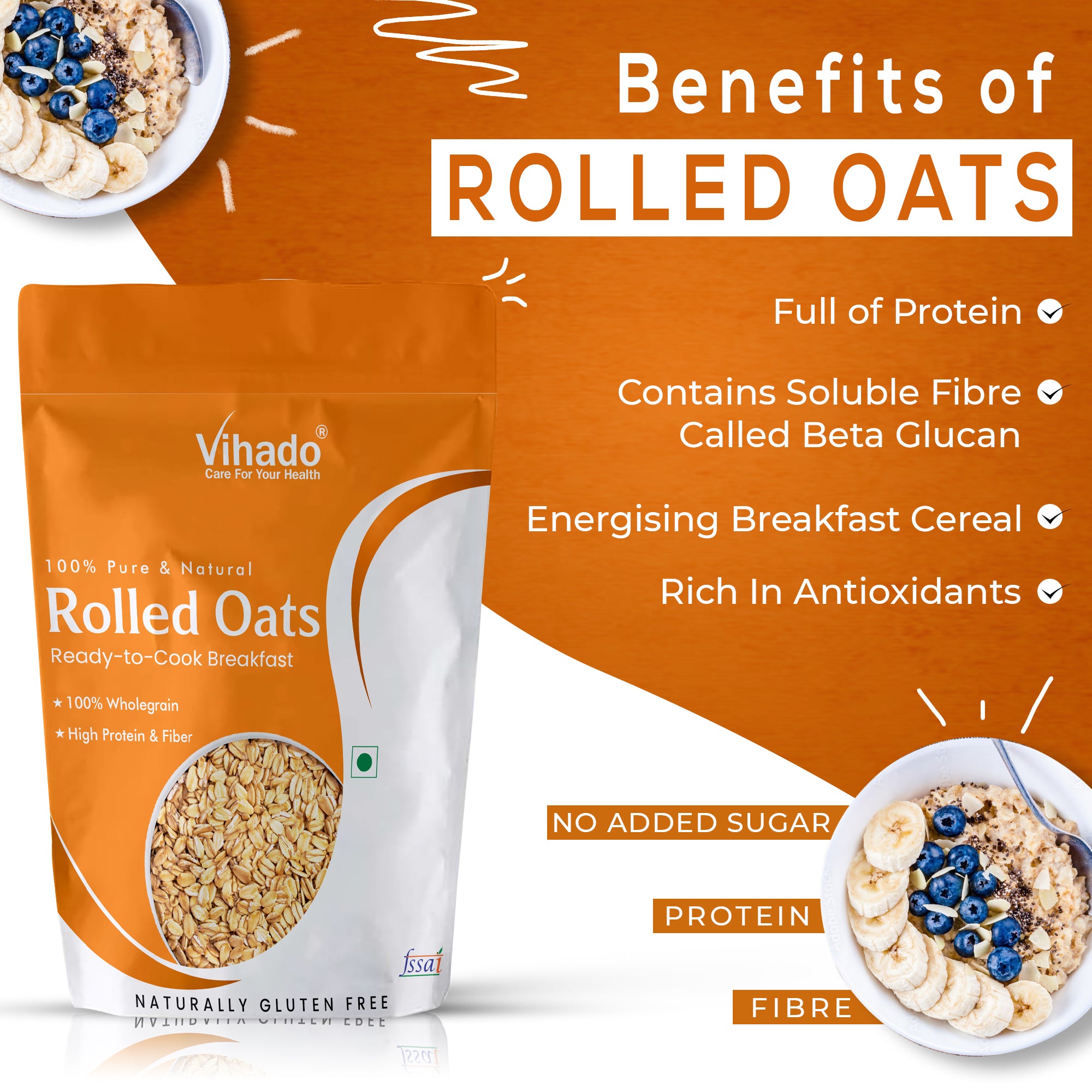 Vihado Rolled Oats, High Protein and Fibre, Helps In Maintain Body Weight (500G-1KG)