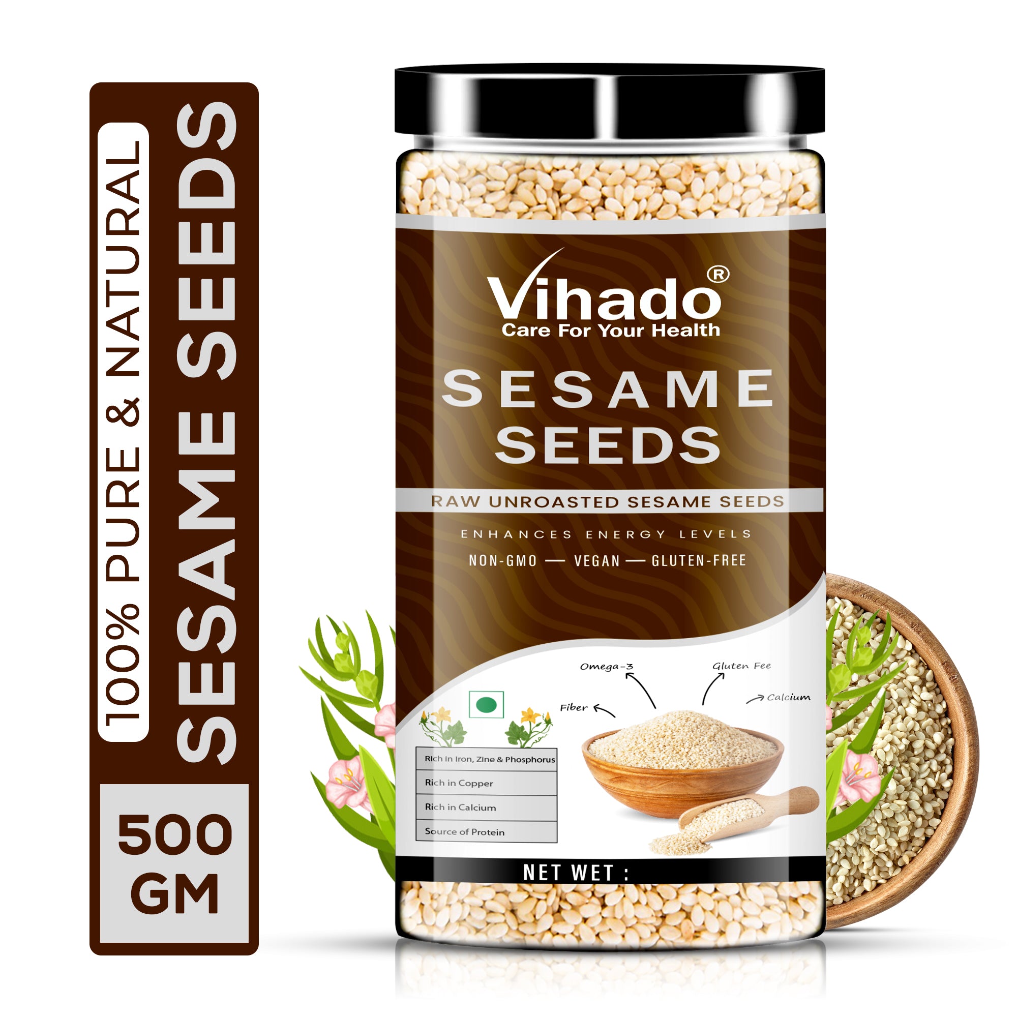 Vihado Premium Quality Raw Safed Til (White) Sesame Seeds Plastic Bottle (200G-500G)