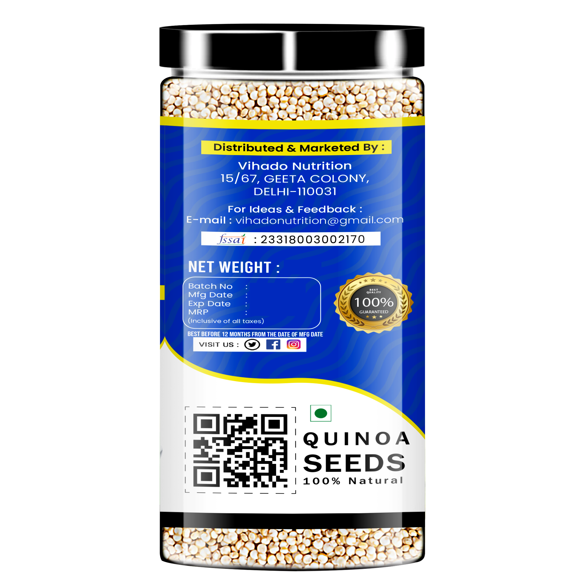 Vihado White Quinoa for Weight Management, Rich in Iron and Fibre Plastic Bottle (200G-500G)