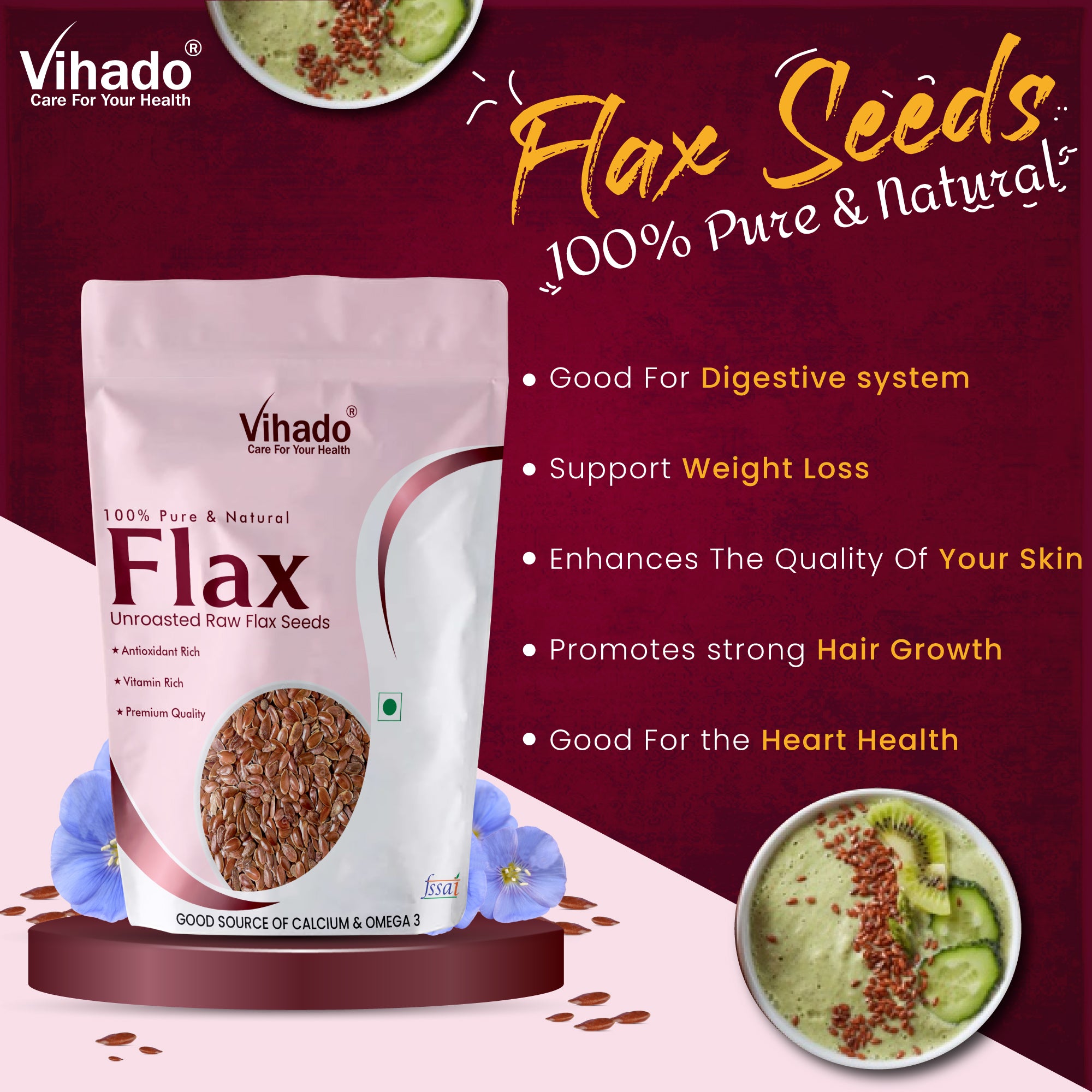 Vihado Raw Flax Seeds, Rich in Omega 3 Fatty Acid and Immunity Booster (100G-1KG)