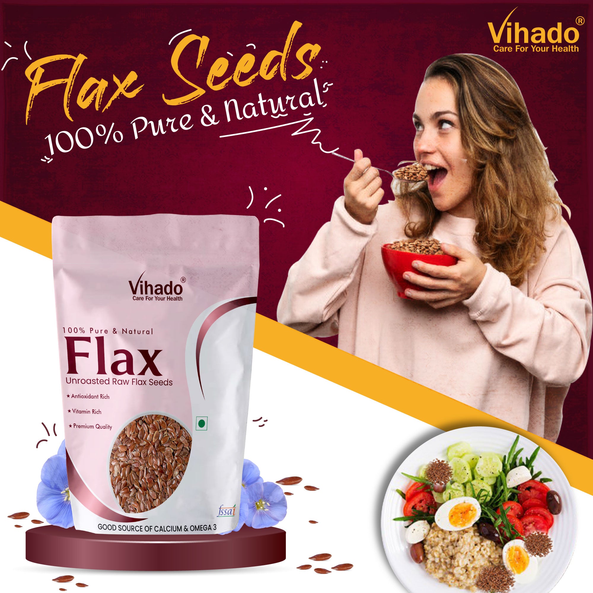 Vihado Raw Flax Seeds, Rich in Omega 3 Fatty Acid and Immunity Booster (100G-1KG)