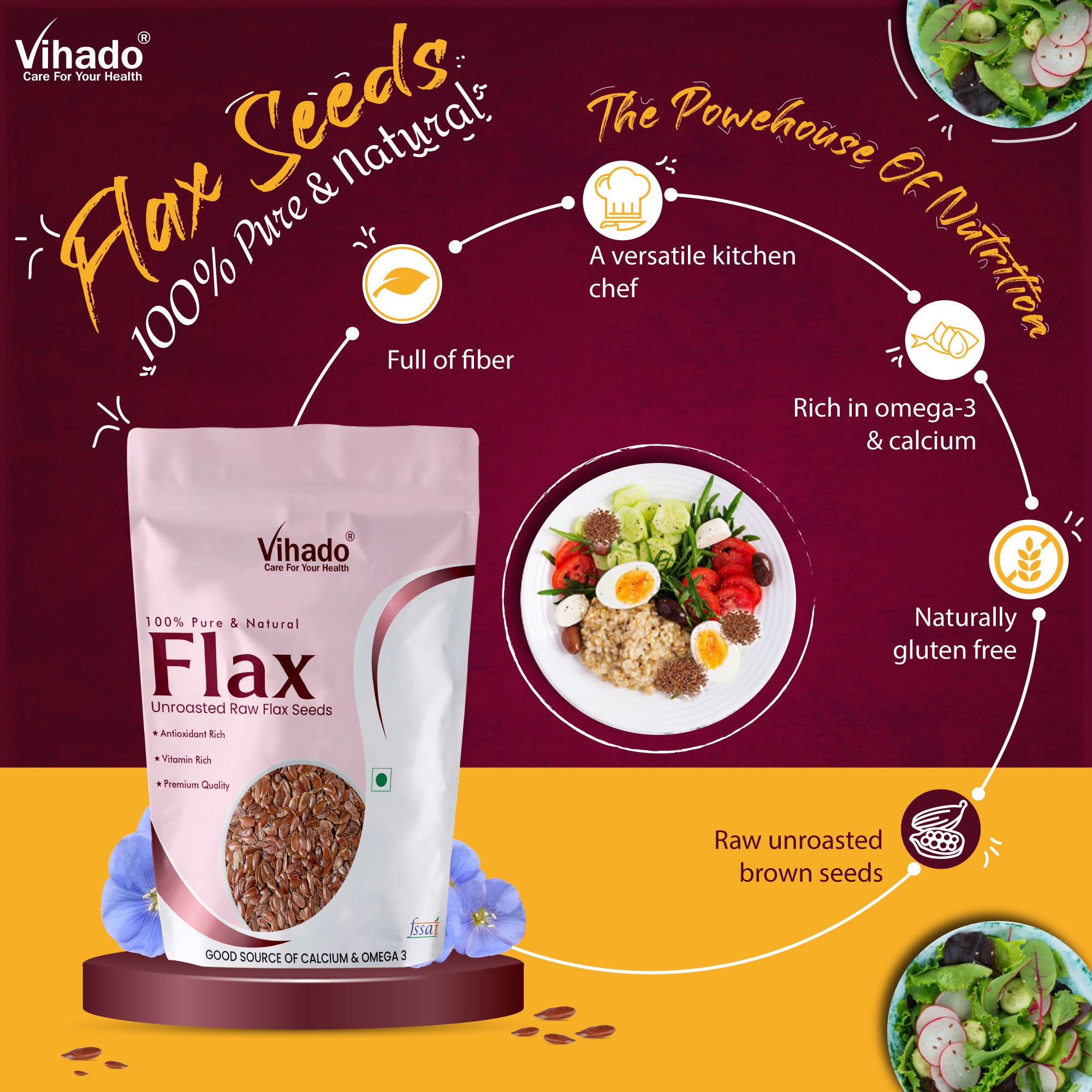 Vihado Raw Flax Seeds, Rich in Omega 3 Fatty Acid and Immunity Booster (100G-1KG)