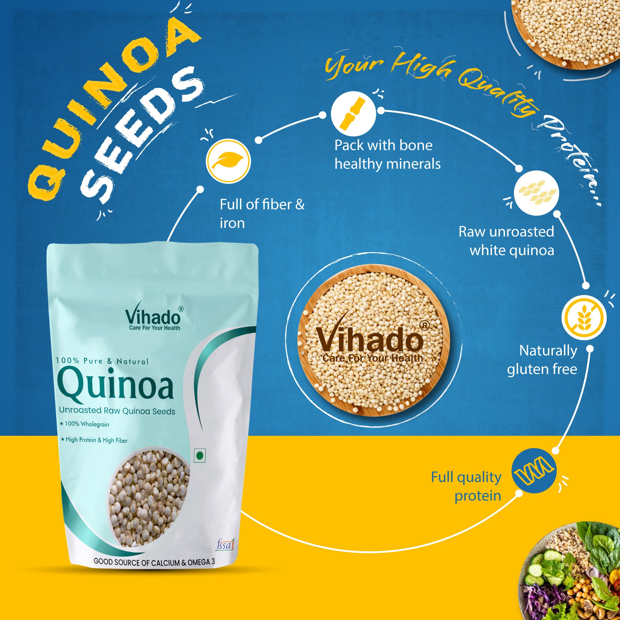 Vihado White Quinoa for Weight Management, Rich in Iron and Fibre (100G-1KG)