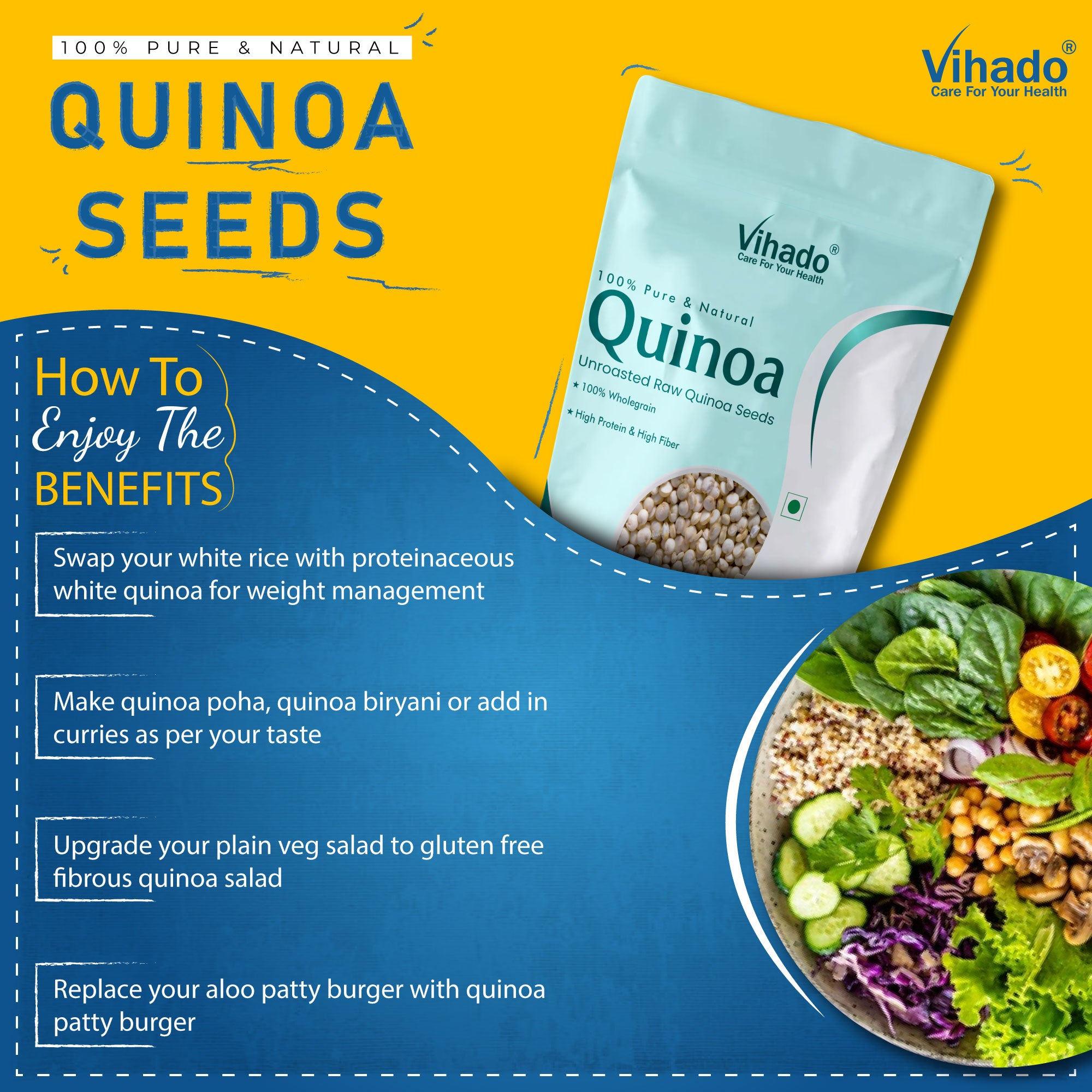 Vihado White Quinoa for Weight Management, Rich in Iron and Fibre (100G-1KG)